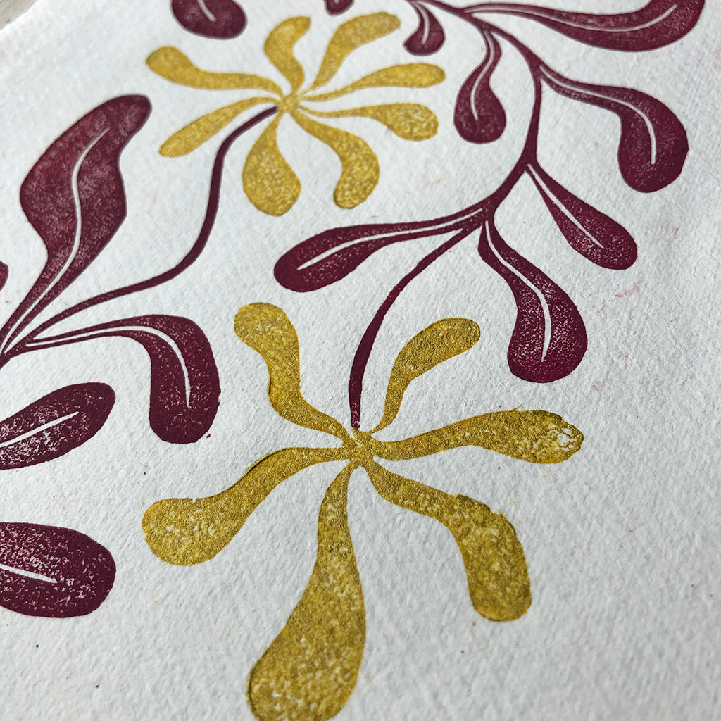 Linoprint 'Fleurs dansantes' paars-goud