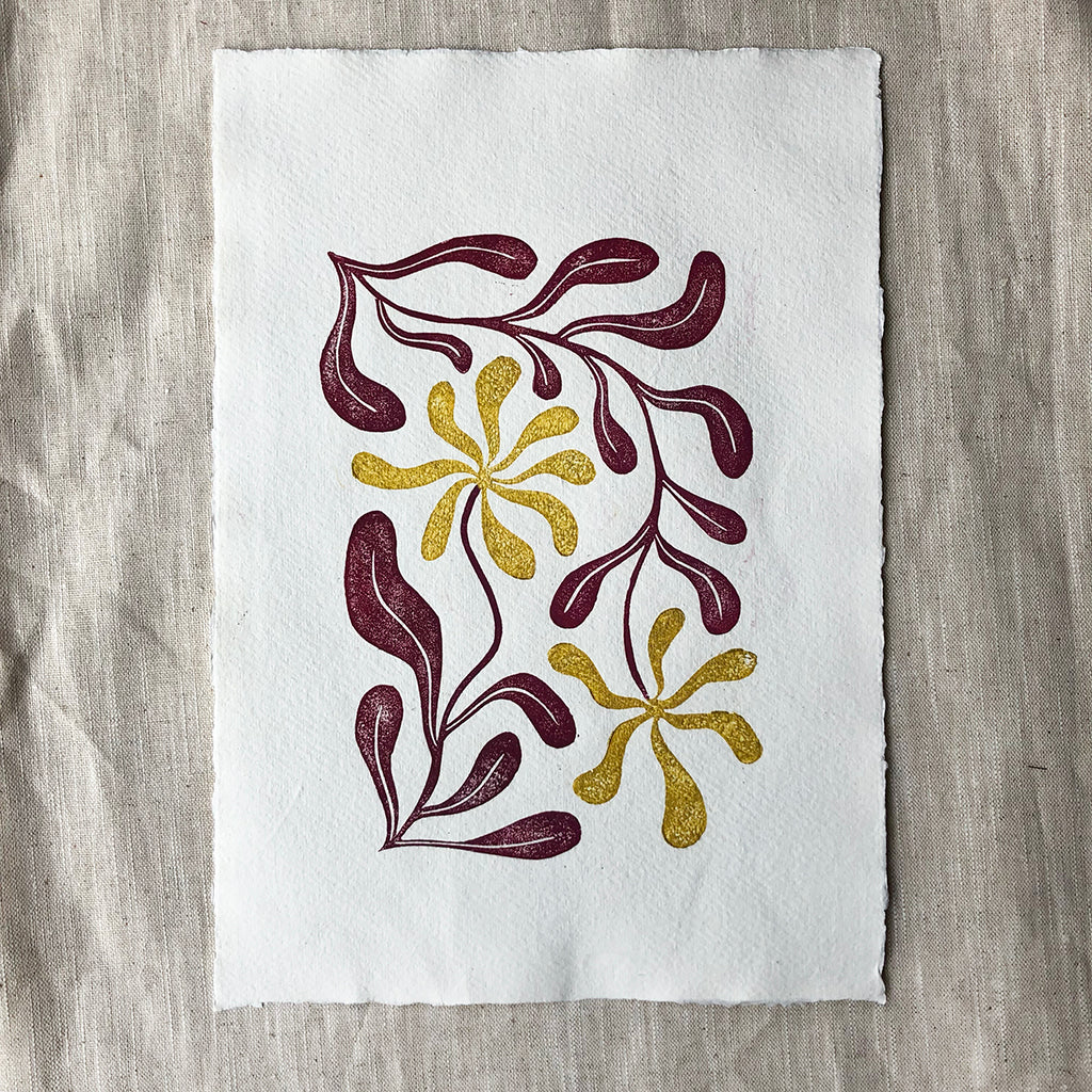 Linoprint 'Fleurs dansantes' paars-goud